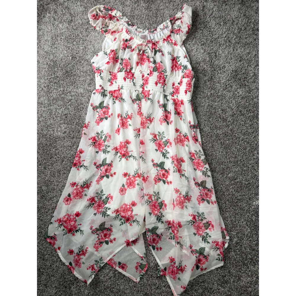 No Boundaries Floral Handkerchief Hem Dress Pink White Smocked Waist XL 15-17